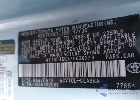 2007 Toyota Camry Xle from USA, damaged, VIN 4T1BE46KX7U638779